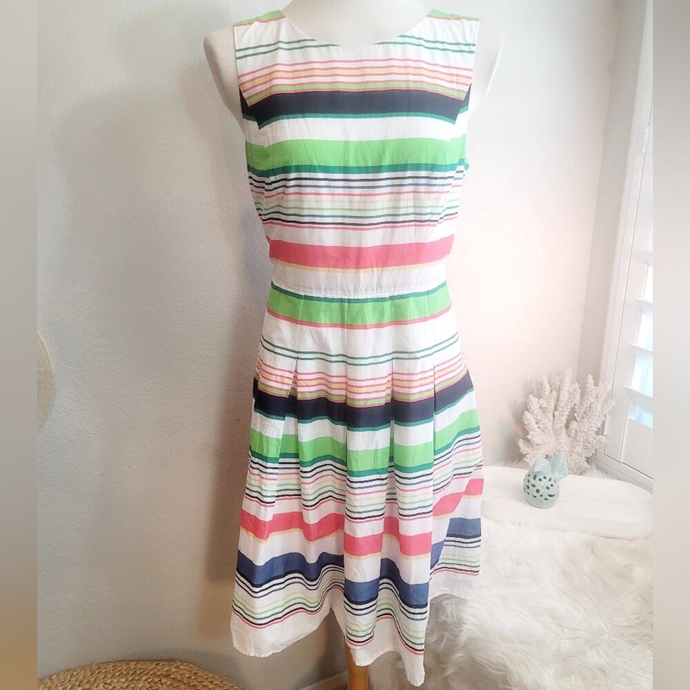 TOMMY HILFIGER White Neon Striped Cotton Pleated Fit & Flare Dress Pleated - Picture 4 of 16